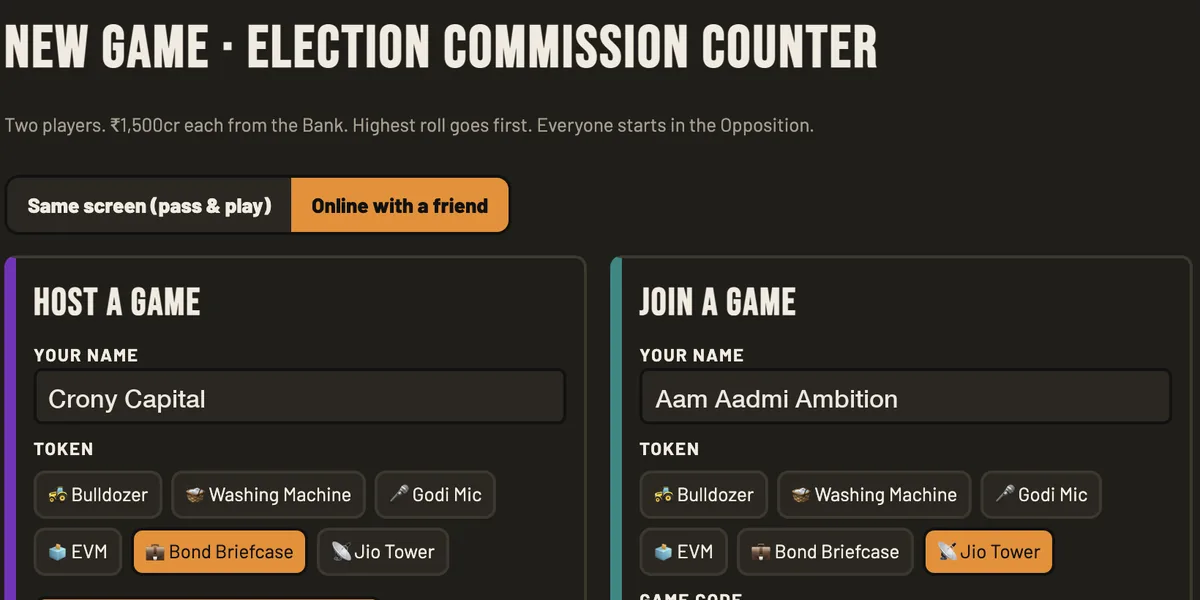 MODIPOLY new game screen titled Election Commission Counter, with same-screen and online modes and token selection